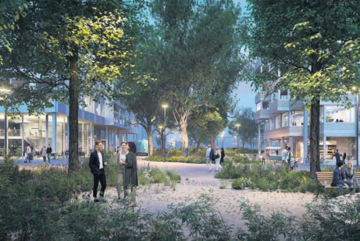 Visualisierungen: Stark begrünter Aussenraum als Treffpunkt und Ort der Erholung für die Quartierbewohner und Nutzer des Gewerbegebäudes.