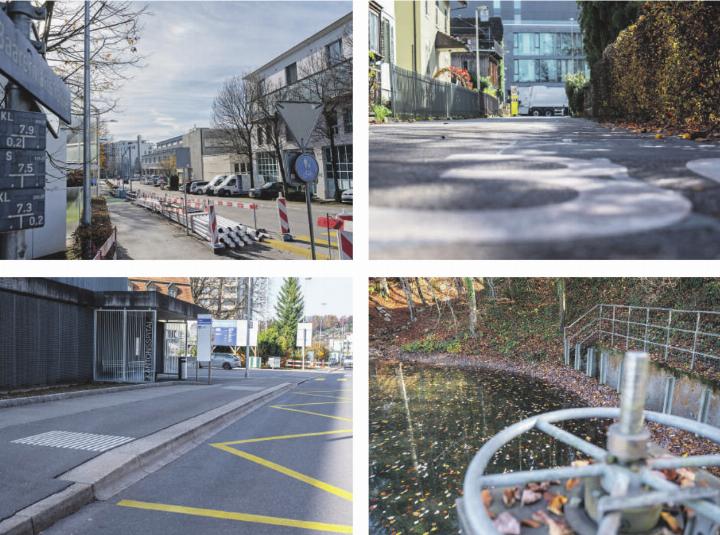 Hier wird 2026 gebaut (von links oben im Uhrzeigersinn): An der Baarermattstrasse stehen umfangreiche Sanierungsarbeiten zusammen mit der Stadt Zug und der WWZ an. An der Florastrasse werden die Abwasserleitungen ersetzt. Der Geschiebesammler Moosbach wird erneuert, und die Bushaltestelle Kantonsspital wird behindertengerecht ausgebaut.  Fotos: zVg