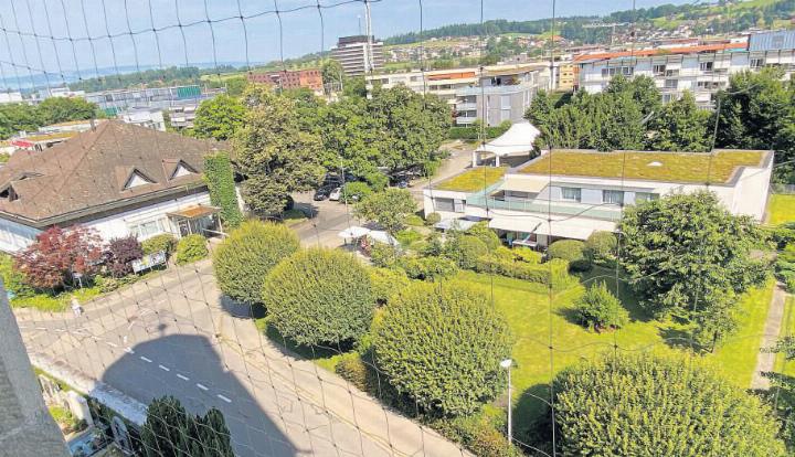 Auf diesem Areal Pfarreiheim, Parkplätze unter den Bäumen, Pfarrhaus mit Garten (von links) – ist das neue Pfarreizentrum geplant. Fotos: fl