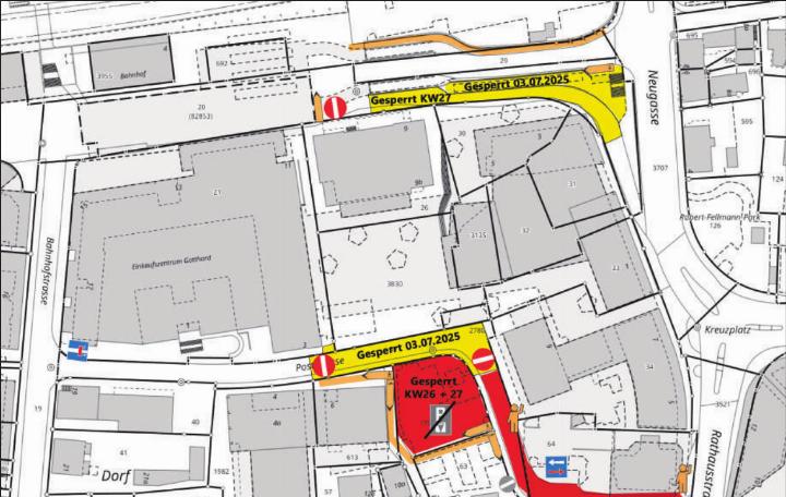 Sperrung der Bahnhof- und der Poststrasse. Grafik: zVg