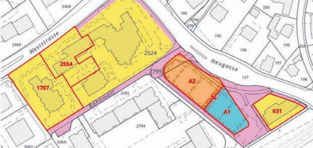So werden die Besitztümer verteilt: Das Grundstück 1707 der Bürgergemeinde wird gegen das blauen Grundstück A1 getauscht, das Grundstück 2554 der Genossenschaft für Alterswohnungen gegen das Grundstück A2. Grafik: zVg So werden die Besitztümer verteilt: Das Grundstück 1707 der Bürgergemeinde wird gegen das blauen Grundstück A1 getauscht, das Grundstück 2554 der Genossenschaft für Alterswohnungen gegen das Grundstück A2. Grafik: zVg