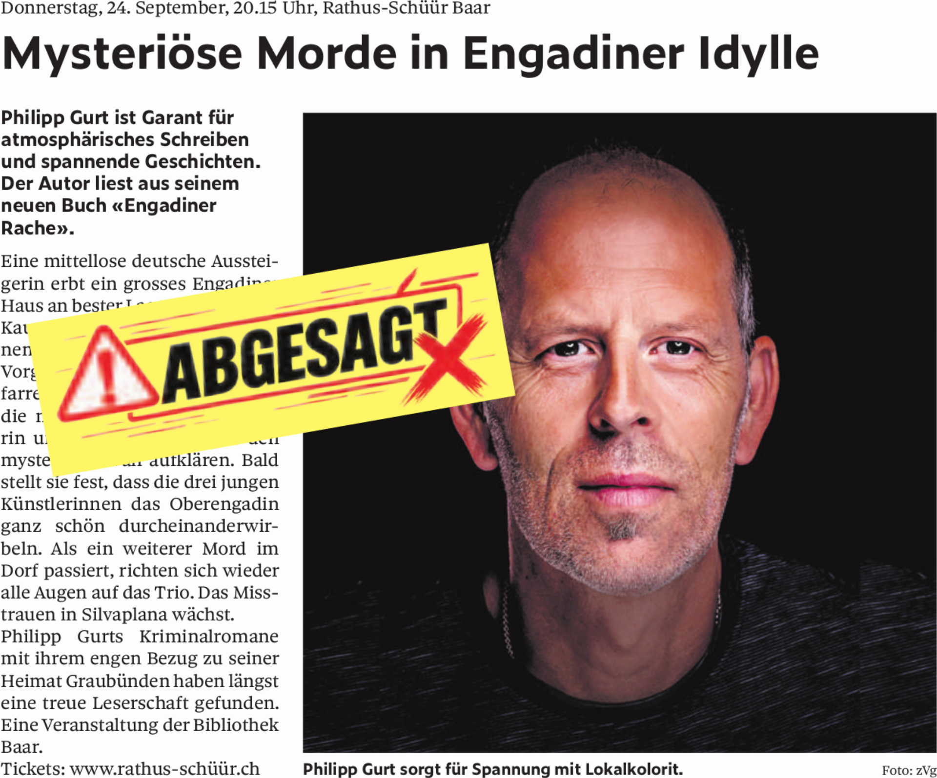 ABGESAGT - Mysteriöse Morde in Engadiner Idylle - Das Bild wird blockiert. – Möglicherweise durch einen aktiven Adblocker.